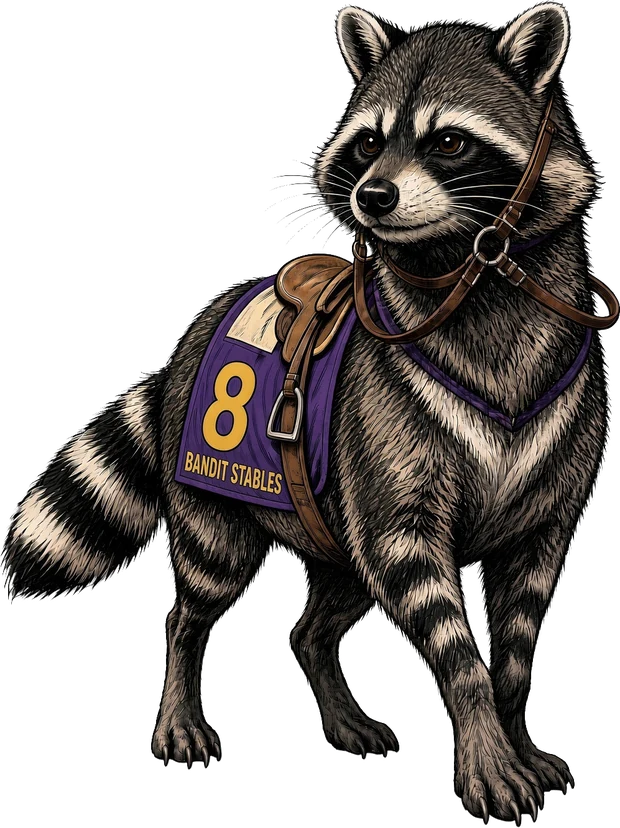 A raccoon in racing tack, carrying saddlecloth number 8 for Bandit Stables.